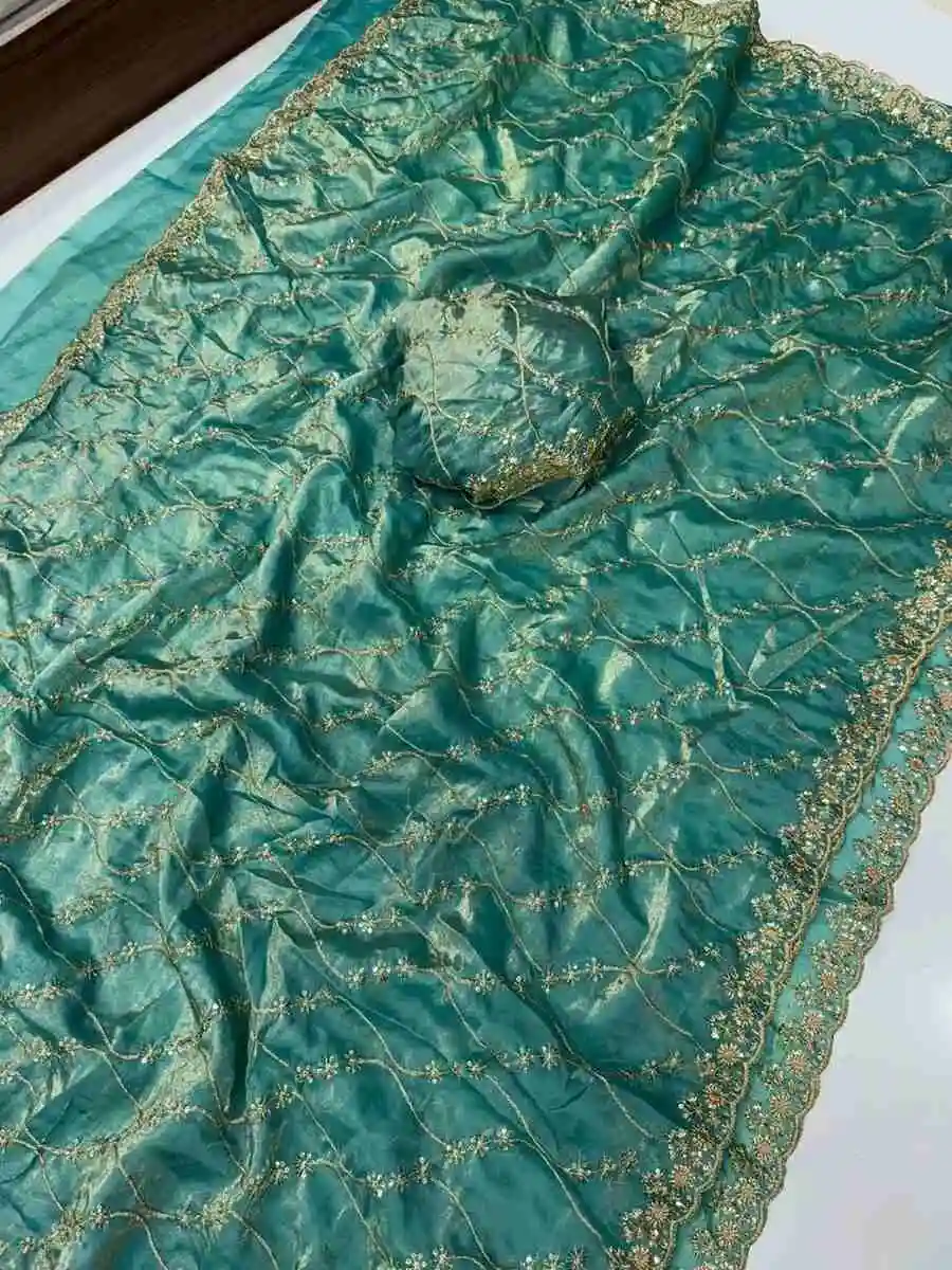 DESIGNER SPACE SILK SEQUENCE EMBROIDERY WORK WITH CUT BORDER WORK SAREE WITH UNSTITCHED BLOUSE WEDDING WEAR WHOLESALE PRICE ETHNIC GARMENT (7)