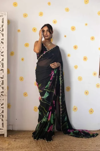 DESIGNER TABBY ORGANZA FLOWER PRINT WITH HAND KHATALI WORK CUT DANA ALL WITH MOTI HAND WORK BORDER WORK SAREE WITH UNSTITCHED BLOUSE BLACK