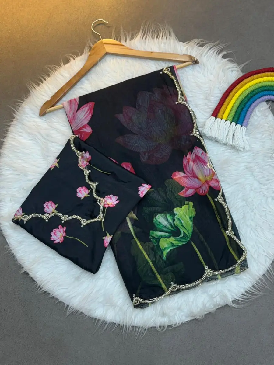 DESIGNER TABBY ORGANZA FLOWER PRINT WITH HAND KHATALI WORK CUT DANA ALL WITH MOTI HAND WORK BORDER WORK SAREE WITH UNSTITCHED BLOUSE PARTY WEAR WHOLESALE PRICE ETHNIC GARMENT (5).webp