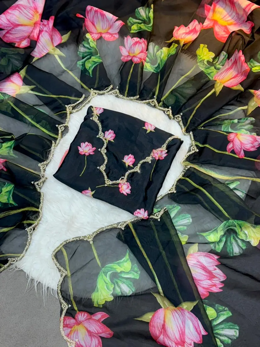 DESIGNER TABBY ORGANZA FLOWER PRINT WITH HAND KHATALI WORK CUT DANA ALL WITH MOTI HAND WORK BORDER WORK SAREE WITH UNSTITCHED BLOUSE PARTY WEAR WHOLESALE PRICE ETHNIC GARMENT (8).webp