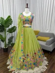 DESIGNER TABBY ORGANZA SILK THREAD WITH SEQUENCE WORK LEHENGA CHOLI WITH DUPATTA PARROT GREEN