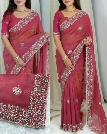 DESIGNER TISSUE CRUSH EMBROIDERY 3+5(DUAL) MM SEQUENCE WORK HEAVY BORDER WITH BUTTI WORK SAREE WITH UNSTITCHED BLOUSE PEACH
