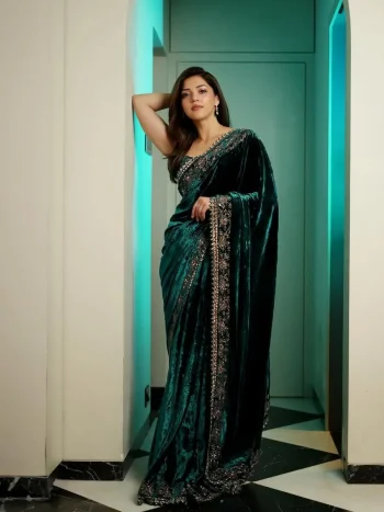 DESIGNER VELEVET EMBROIDERY SEQUENCE WITH JARI DORI WORK SAREE WITH UNSTITCHED BLOUSE GREEN