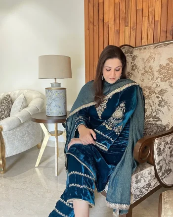 DESIGNER VELVET CODING SEQUENCE EMBROIDERY WORK TOP BOTTOM WITH DUPATTA BLUE