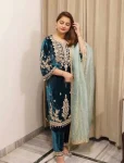 DESIGNER VELVET EMBROIDERY 5 MM SEQUENCE WORK TOP BOTTOM WITH DUPATTA TEAL