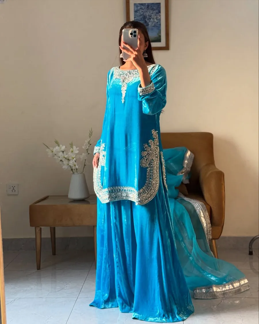 DESIGNER VELVET EMBROIDERY CHAIN SEQUENCE WORK TOP PALAZZO WITH DUPATTA FESTIVE WEAR WHOLESALE PRICE ETHNIC GARMENT (2)