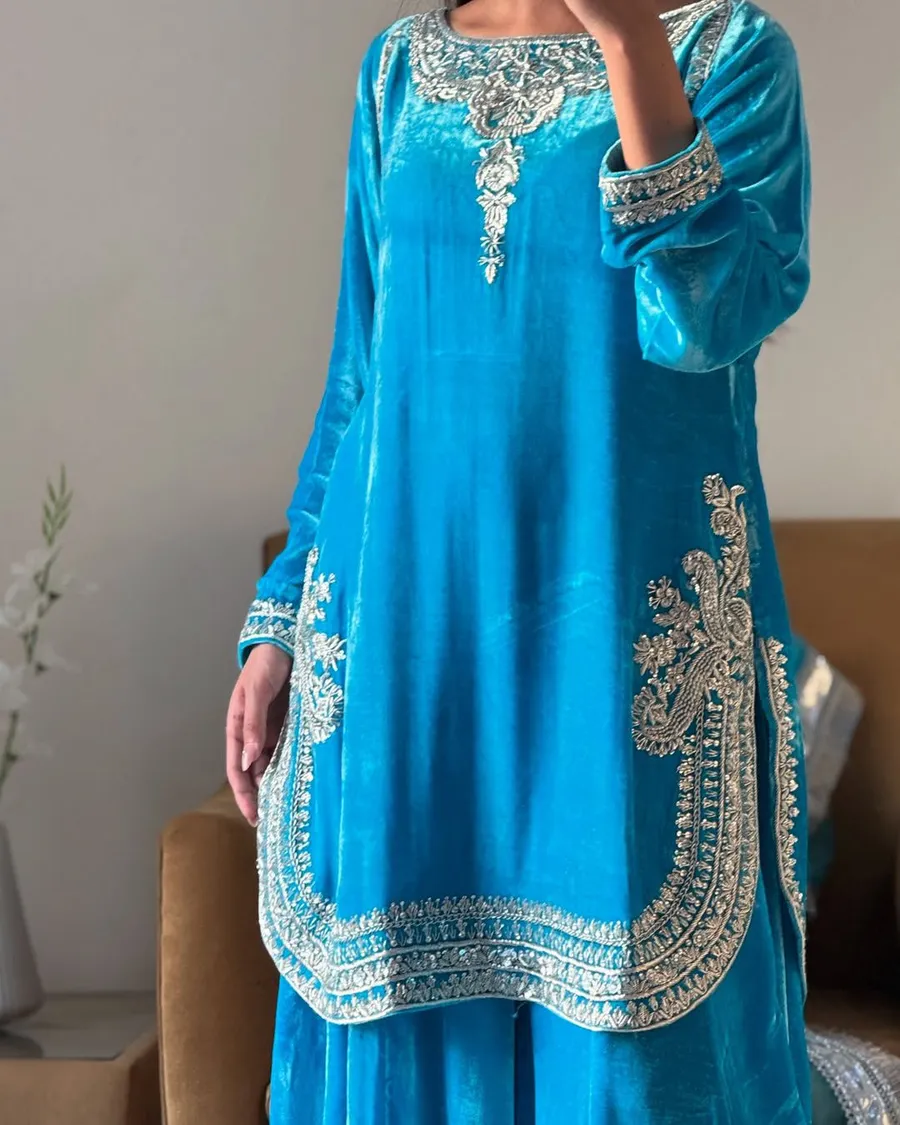 DESIGNER VELVET EMBROIDERY CHAIN SEQUENCE WORK TOP PALAZZO WITH DUPATTA FESTIVE WEAR WHOLESALE PRICE ETHNIC GARMENT (3)