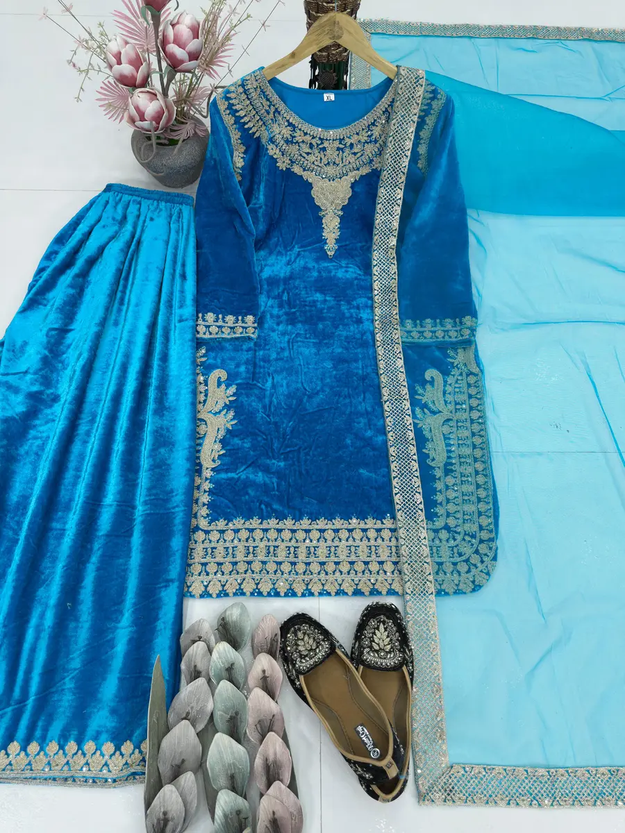 DESIGNER VELVET EMBROIDERY CHAIN SEQUENCE WORK TOP PALAZZO WITH DUPATTA FESTIVE WEAR WHOLESALE PRICE ETHNIC GARMENT (4)