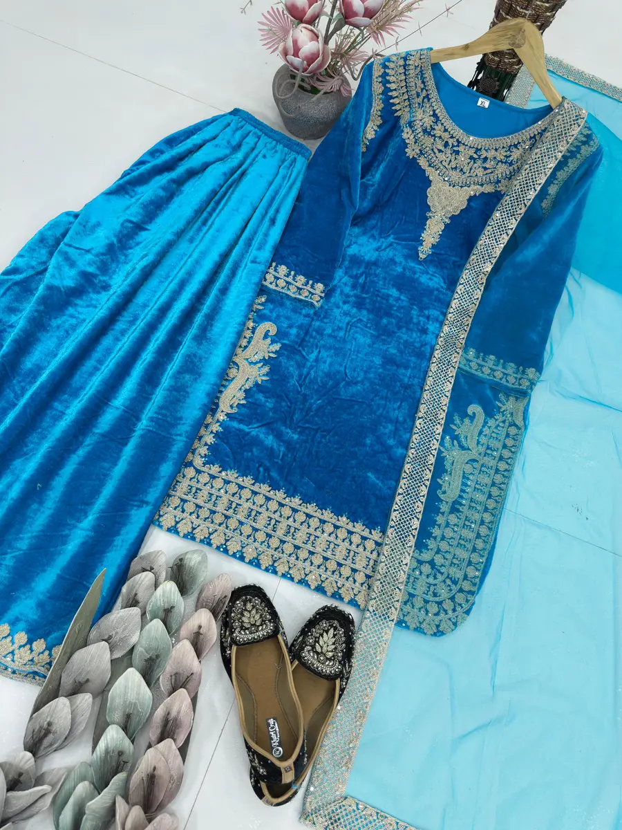DESIGNER VELVET EMBROIDERY CHAIN SEQUENCE WORK TOP PALAZZO WITH DUPATTA FESTIVE WEAR WHOLESALE PRICE ETHNIC GARMENT (5)