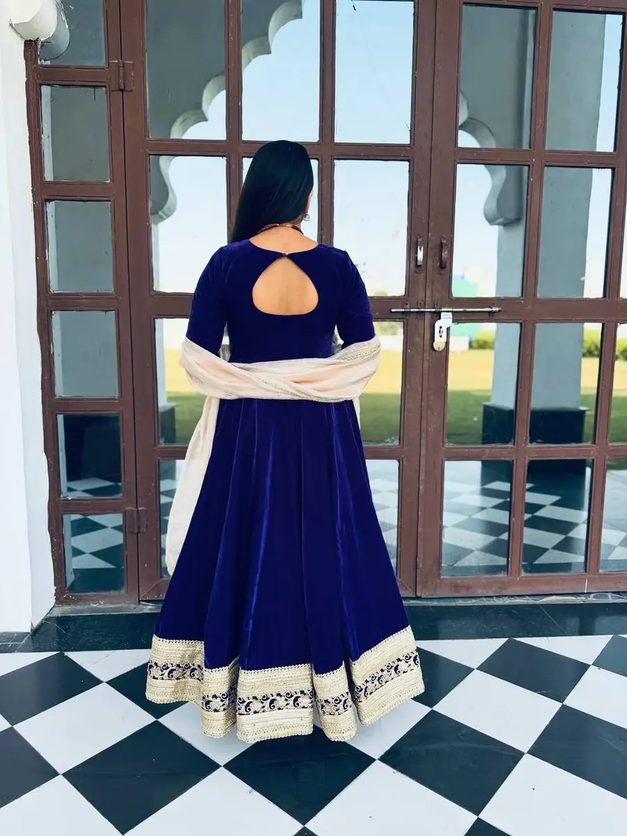 DESIGNER VELVET EMBROIDERY WITH LACE WORK ANARKALI BOTTOM WITH DUPATTA FESTIVE WEAR WHOLESALE PRICE ETHNIC GARMENT (3)