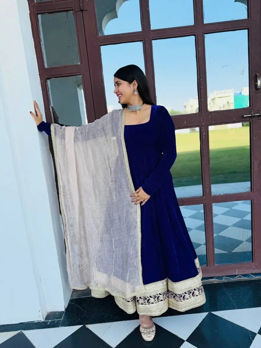 DESIGNER VELVET EMBROIDERY WITH LACE WORK ANARKALI BOTTOM WITH DUPATTA FESTIVE WEAR WHOLESALE PRICE ETHNIC GARMENT (4)