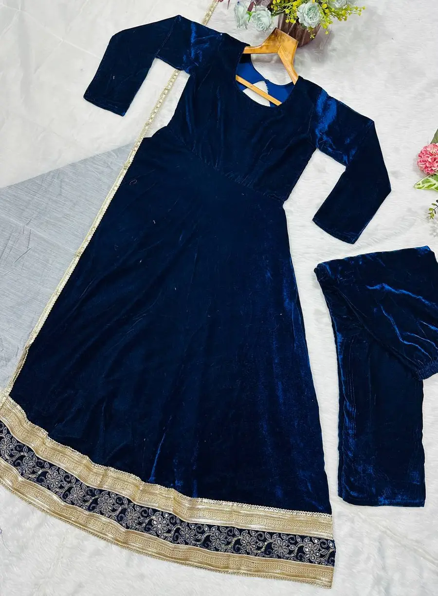 DESIGNER VELVET EMBROIDERY WITH LACE WORK ANARKALI BOTTOM WITH DUPATTA FESTIVE WEAR WHOLESALE PRICE ETHNIC GARMENT (5)