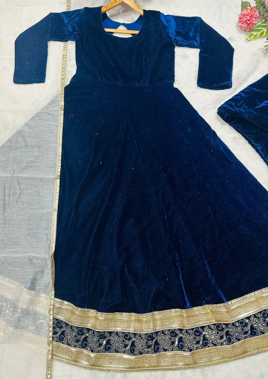 DESIGNER VELVET EMBROIDERY WITH LACE WORK ANARKALI BOTTOM WITH DUPATTA FESTIVE WEAR WHOLESALE PRICE ETHNIC GARMENT (6)