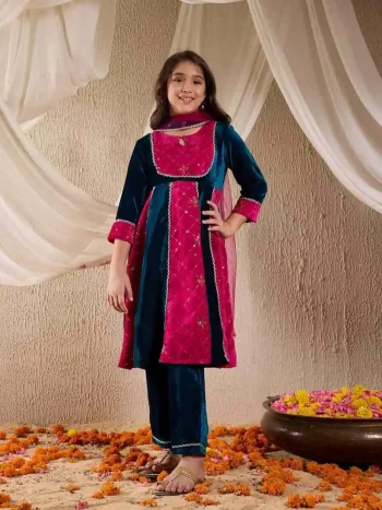 DESIGNER VELVET LACE WORK KID'S TOP BOTTOM WITH DUPATTA BLUE PINK