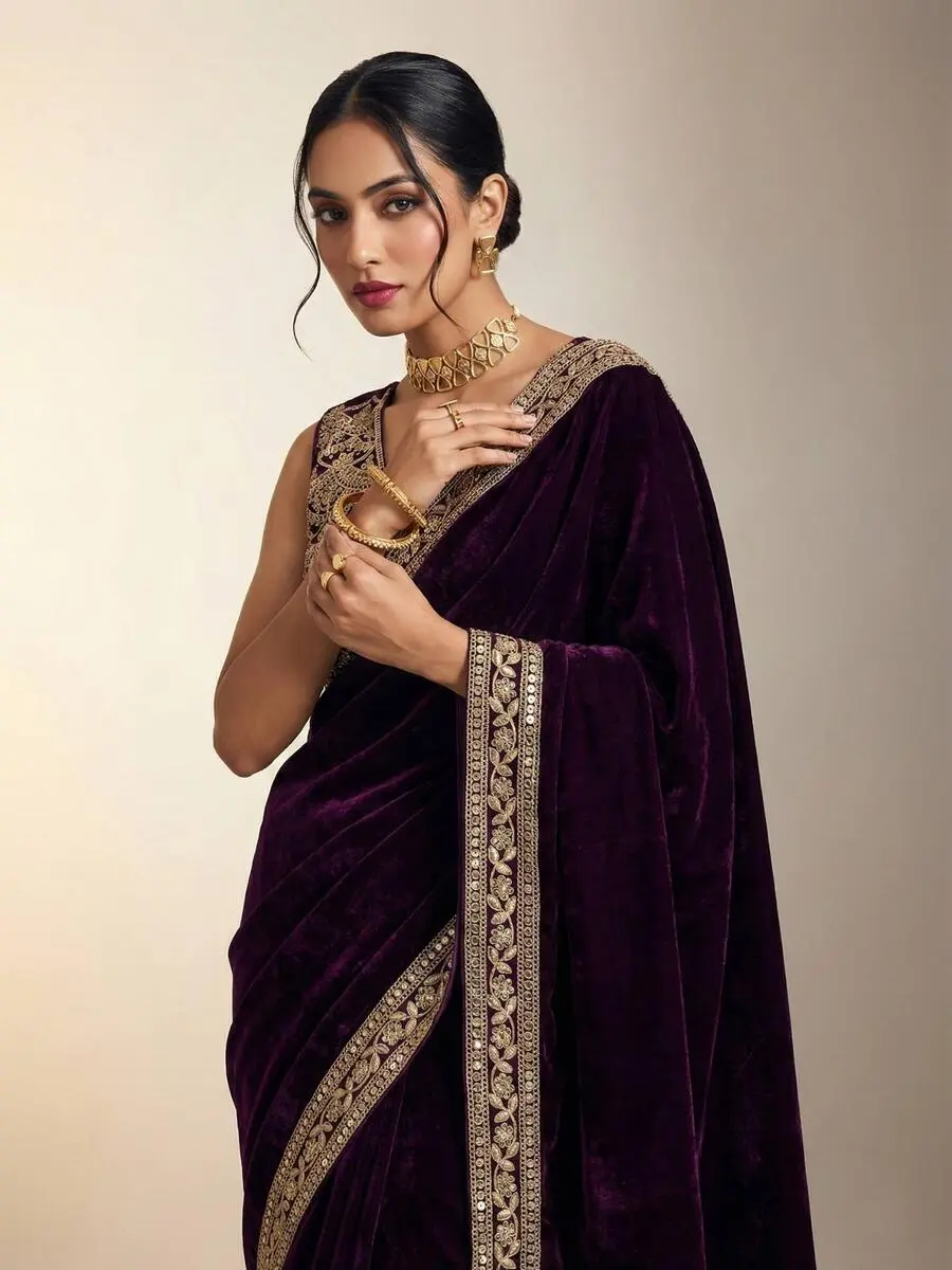 DESIGNER VELVET PLAIN WITH EMBROIDERY SEQUENCE WITH JARI DORI EMBROIDERY WORK BORDER SAREE WITH STITCHED BLOUSE PARTY WEAR WHOLESALE PRICE ETHNIC GARMENT (17).jpg.webp