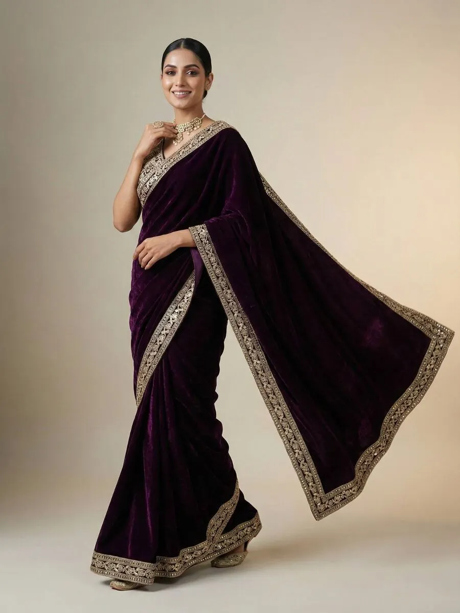 DESIGNER VELVET PLAIN WITH EMBROIDERY SEQUENCE WITH JARI DORI EMBROIDERY WORK BORDER SAREE WITH STITCHED BLOUSE PARTY WEAR WHOLESALE PRICE ETHNIC GARMENT (19).jpg.webp