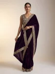 DESIGNER VELVET PLAIN WITH EMBROIDERY SEQUENCE WITH JARI DORI EMBROIDERY WORK BORDER SAREE WITH STITCHED BLOUSE PURPLE