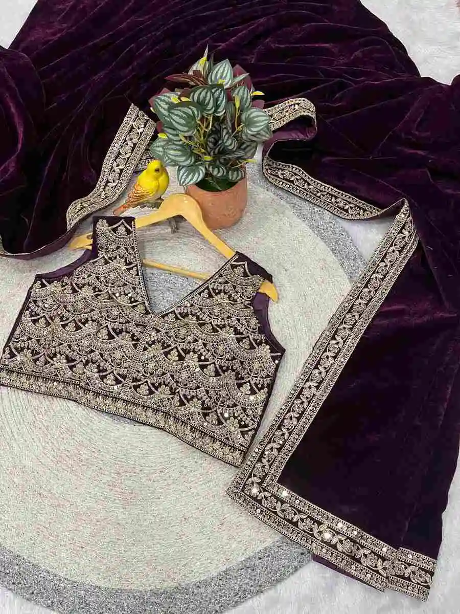 DESIGNER VELVET PLAIN WITH EMBROIDERY SEQUENCE WITH JARI DORI EMBROIDERY WORK BORDER SAREE WITH STITCHED BLOUSE PARTY WEAR WHOLESALE PRICE ETHNIC GARMENT (26).jpg.webp
