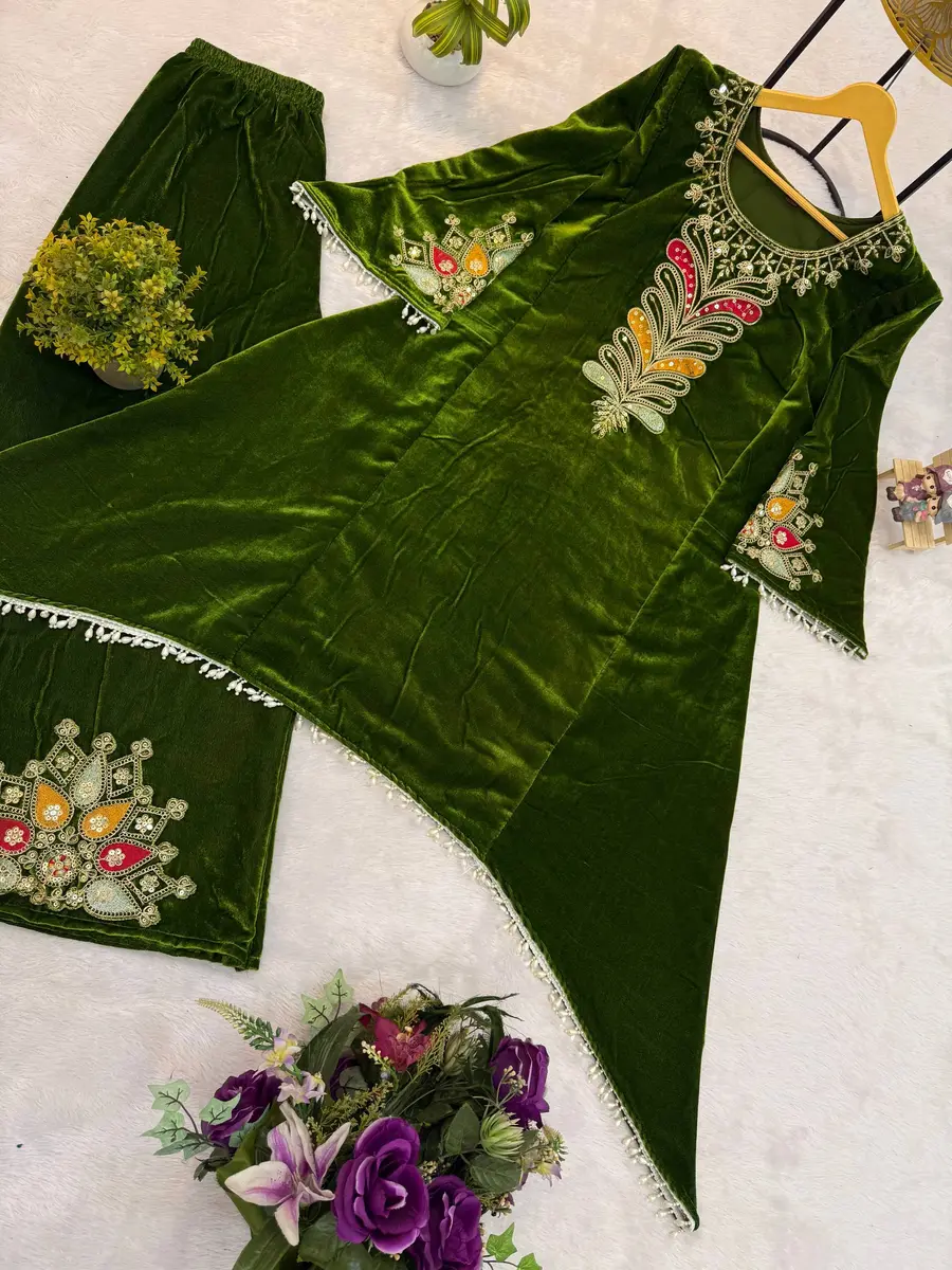 DESIGNER VELVET SEQUENCE EMBROIDERY PATCH WORK KURTI PALAZZO PARTY WEAR WHOLESALE PRICE ETHNIC GARMENT (1)