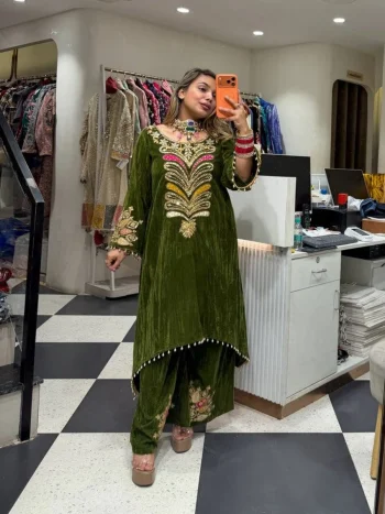 DESIGNER VELVET SEQUENCE EMBROIDERY PATCH WORK KURTI PALAZZO SET GREEN