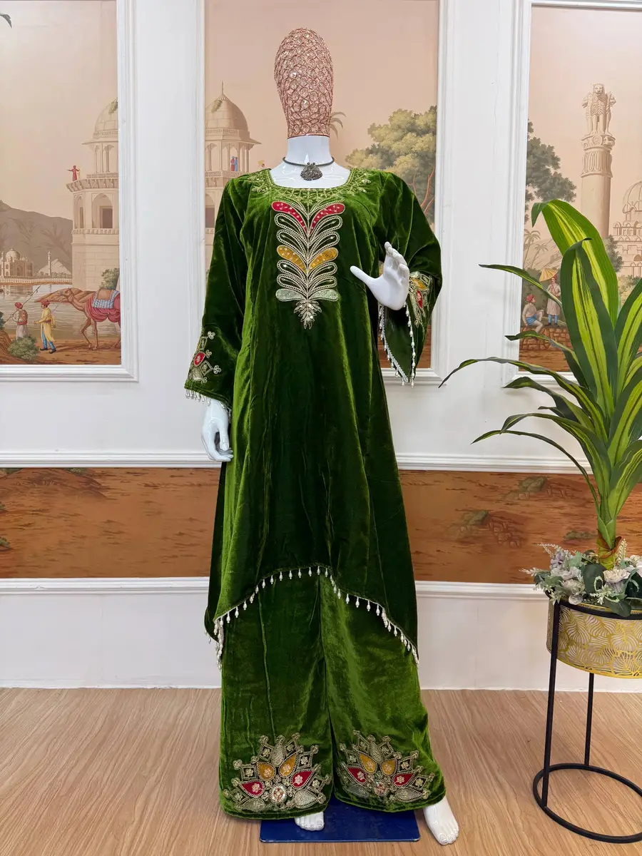 DESIGNER VELVET SEQUENCE EMBROIDERY PATCH WORK KURTI PALAZZO PARTY WEAR WHOLESALE PRICE ETHNIC GARMENT (4)