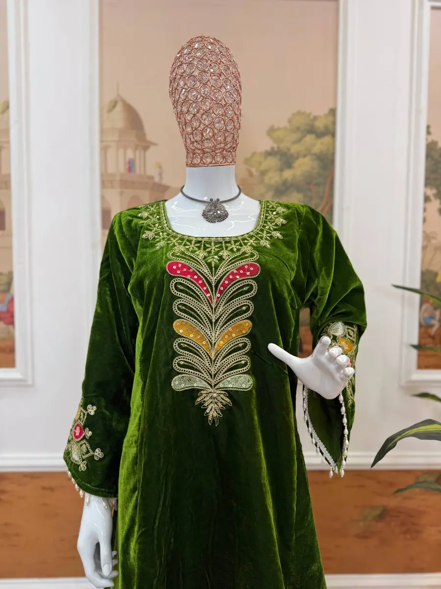 DESIGNER VELVET SEQUENCE EMBROIDERY PATCH WORK KURTI PALAZZO PARTY WEAR WHOLESALE PRICE ETHNIC GARMENT (6)