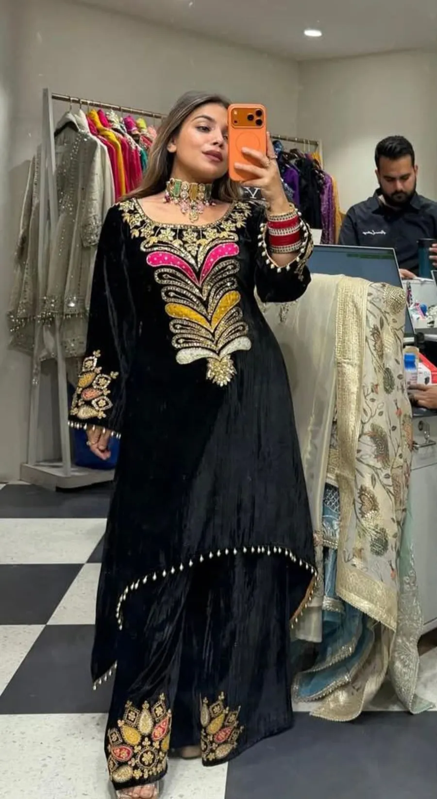 DESIGNER VELVET SEQUENCE EMBROIDERY PATCH WORK KURTI PALAZZO SET FESTIVE WEAR WHOLESALE PRICE ETHNIC GARMENT (2)