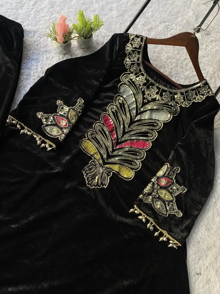DESIGNER VELVET SEQUENCE EMBROIDERY PATCH WORK KURTI PALAZZO SET FESTIVE WEAR WHOLESALE PRICE ETHNIC GARMENT (6)