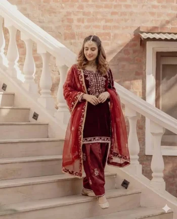 DESIGNER VELVET SEQUENCE EMBROIDERY WORK TOP PATIYALA WITH DUPATTA MAROON