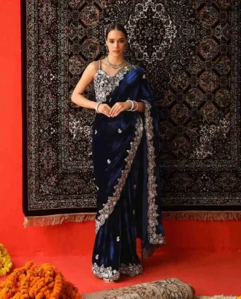 DESIGNER VELVET SEQUENCE & JARI THREAD EMBROIDERY WITH BORDER AND CUTWORK SAREE WITH UNSTITCHED BLOUSE BLUE