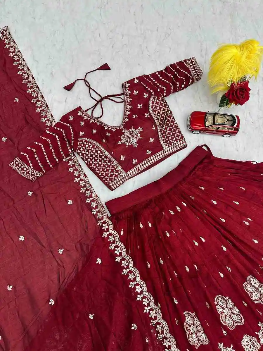 DESIGNER VICHITRA SILK EMBROIDERY 7 MM SEQUENCE WORK LEHENGA CHOLI WITH DUPATTA WEDDING WEAR WHOLESALE PRICE ETHNIC GARMENT (1)