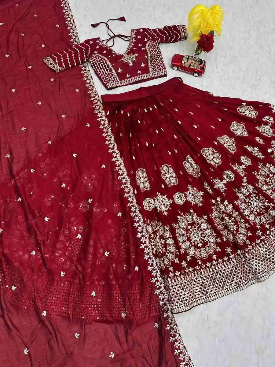 DESIGNER VICHITRA SILK EMBROIDERY 7 MM SEQUENCE WORK LEHENGA CHOLI WITH DUPATTA WEDDING WEAR WHOLESALE PRICE ETHNIC GARMENT (13)