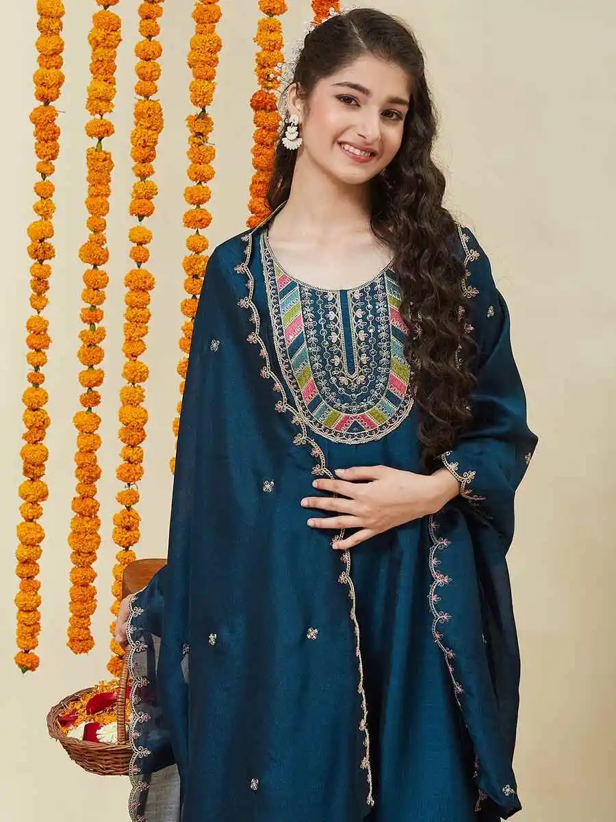 DESIGNER VICHITRA SILK EMBROIDERY WORK KID'S TOP BOTTOM WITH DUPATTA FESTIVE WEAR WHOLESALE PRICE ETHNIC GARMENT (5)