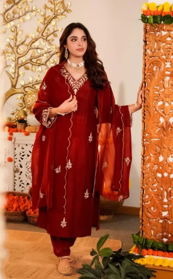 DESIGNER VICHITRA SILK EMBROIDERY WORK TOP BOTTOM WITH DUPATTA RED