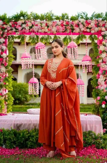 DESIGNER VICHITRA SILK SEQUENCE CODING EMBROIDERY WORK TOP BOTTOM WITH DUPATTA ORANGE