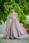 DESIGNER VICHITRA SILK SEQUENCE, MULTI THREAD & ZARI EMBROIDERED WORK GOWN WITH DUPATTA LAVENDER