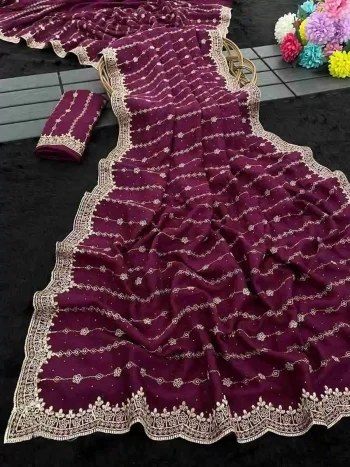 DESIGNER VICHITRA SILK ZARI WORK AND STONE WORK SAREE WITH UNSTITCHED BLOUSE WINE