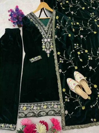 DESIGNER VISCOSE VELVET EMBROIDERY SEQUENCE WORK TOP BOTTOM WITH DUPATTA GREEN
