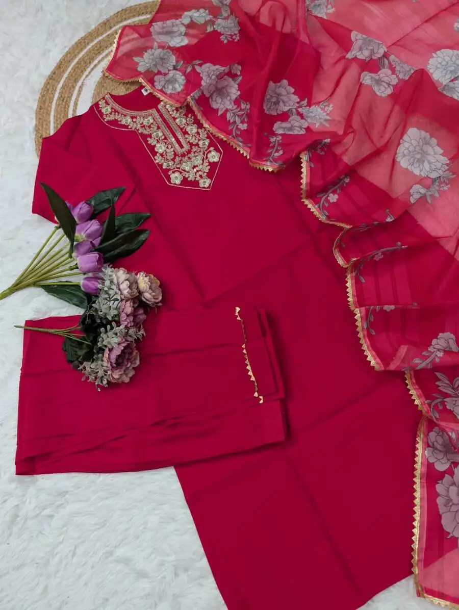 FANCY CHANDERI SEQUENCE CODING EMBROIDERY WORK TOP BOTTOM WITH DUPATTA FESTIVE WEAR WHOLESALE PRICE ETHNIC GARMENT (1)