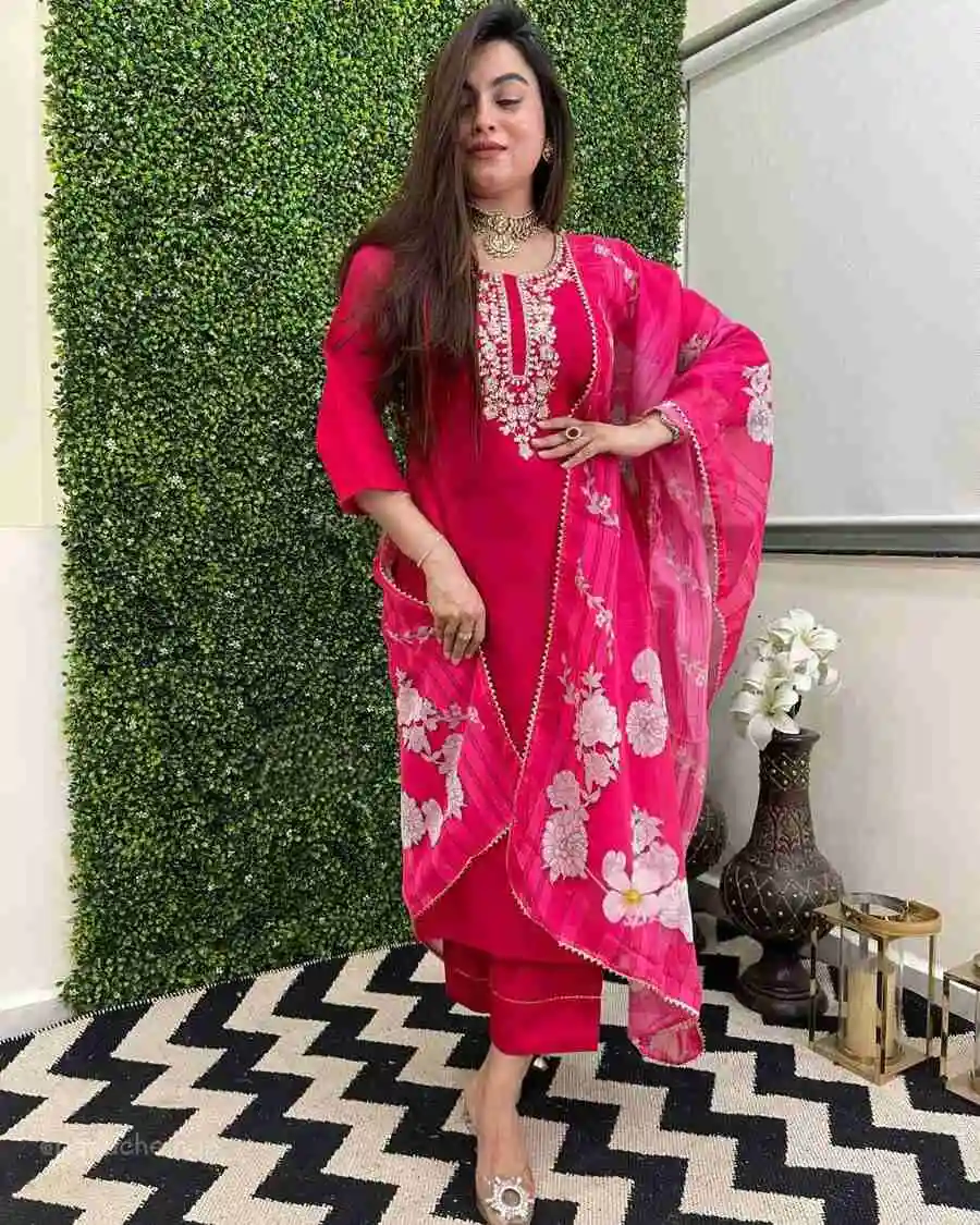 FANCY CHANDERI SEQUENCE CODING EMBROIDERY WORK TOP BOTTOM WITH DUPATTA FESTIVE WEAR WHOLESALE PRICE ETHNIC GARMENT (6)