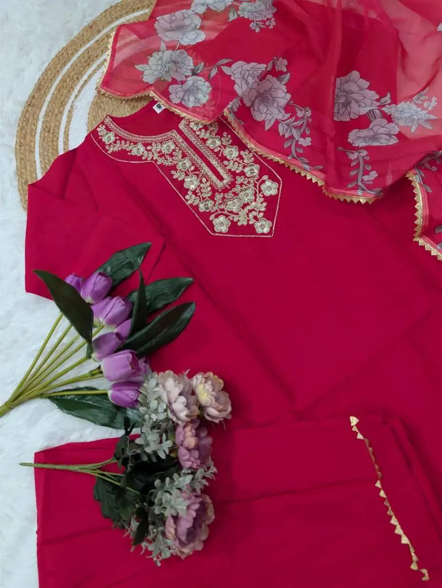 FANCY CHANDERI SEQUENCE CODING EMBROIDERY WORK TOP BOTTOM WITH DUPATTA FESTIVE WEAR WHOLESALE PRICE ETHNIC GARMENT (9)