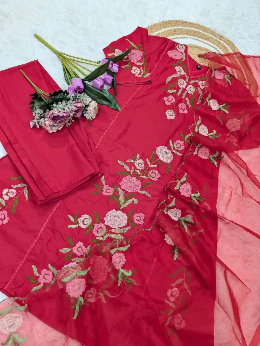 FANCY CHANDERI SEQUENCE EMBROIDERY WORK TOP BOTTOM WITH DUPATTA FESTIVE WEAR WHOLESALE PRICE ETHNIC GARMENT (12)