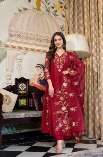 FANCY CHANDERI SEQUENCE EMBROIDERY WORK TOP BOTTOM WITH DUPATTA RANI