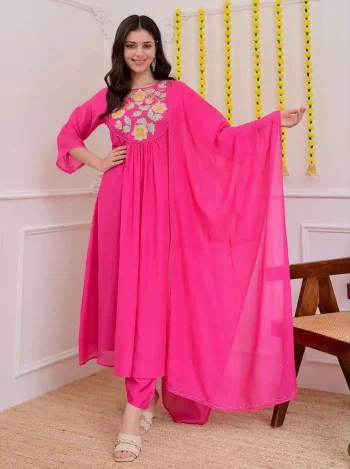 FANCY CHANDERI SILK EMBROIDERY WORK TOP BOTTOM WITH DUPATTA PINK