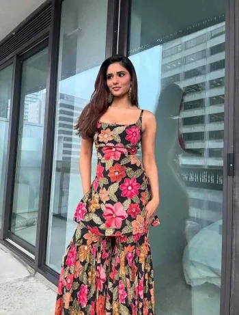 FANCY CHINON SILK DIGITAL PRINT WITH HEAVY STONE HAND WORK TOP SHARARA WITH DUPATTA BLACK