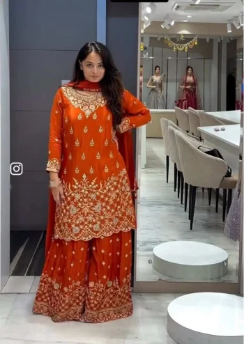 FANCY CHINON SILK EMBROIDERY 5 MM SEQUENCE WORK TOP SHARARA WITH DUPATTA ORANGE