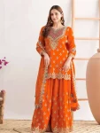 FANCY CHINON SILK EMBROIDERY CODING SEQUENCE WORK WITH HANDS WORKS MIRROR DIAMOND WORK TOP PALAZZO WITH DUPATTA ORANGE