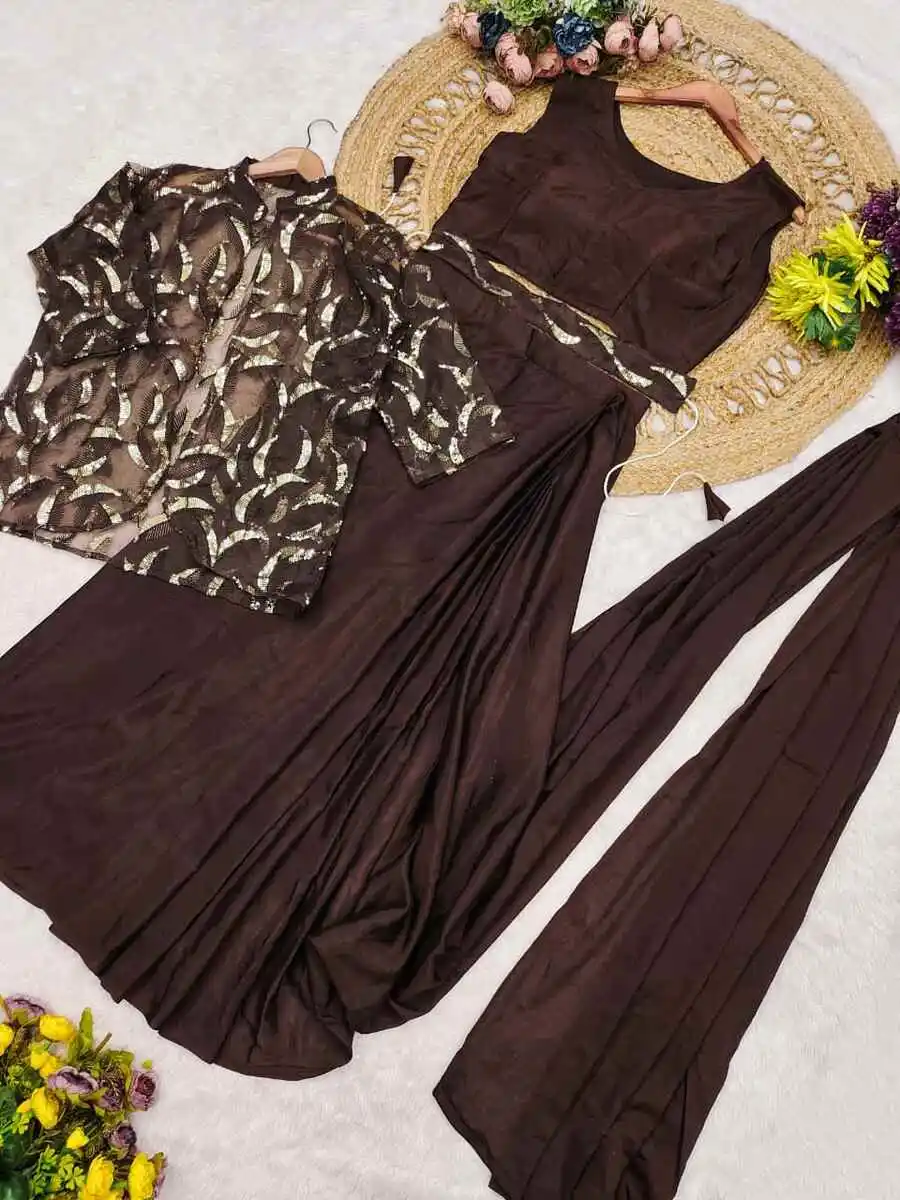 FANCY CHINON SILK PLAIN READY TO WEAR SAREE AND BLOUSE WITH MULTI-THREAD EMBROIDERY SEQUENCE WORK KOTI PARTY WEAR WHOLESALE PRICE ETHNIC GARMENT (5)