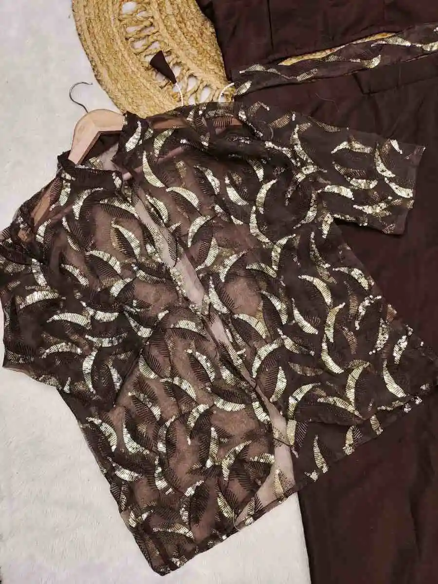 FANCY CHINON SILK PLAIN READY TO WEAR SAREE AND BLOUSE WITH MULTI-THREAD EMBROIDERY SEQUENCE WORK KOTI PARTY WEAR WHOLESALE PRICE ETHNIC GARMENT (7)