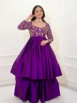 FANCY CHINON SILK SEQUENCE EMBROIDERY WORK TOP AND LEHENGA PURPLE